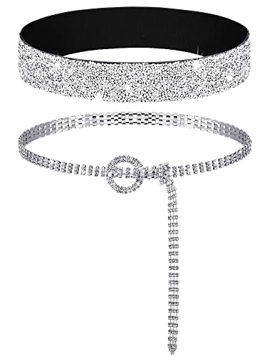 Pangda 2 Pcs Women Stretchy Rhinestone Dress Glitter Belts O Ring Buckle Bling Diamond Belts for Women Shiny Party