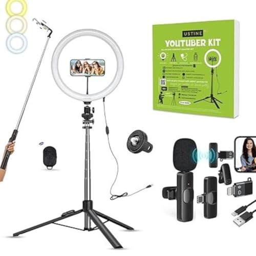 Image of Youtuber Kit | 10 inch Ring Light | Wireless mic | Extra-Long Selfie Stick with Large Reinforced Tripod Upto 67 inch /170 cm with, BT, Fb Videos, Reels. (Tripro X5 + 10 inch Light+Wireless Mic)