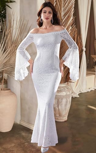 Image of Cercis Womens Off The Shoulder Floral Lace Maxi Wedding Dress Boho Flowy Wedding Guest Formal Long Dresses