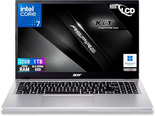 acer Notebook Aspire Silver Intel Core 7-150U 14Th Raptor Lake 5,4Ghz, 10Core, Display FullHD 15,6",RAM 32Gb DDR4, SSD PCIe NVMe 1000 Gb, Wi-Fi6, BT, 2 usb, 2 USB type-c,Windows 11 Pro,Configurato