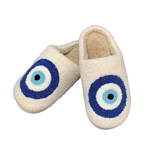 JINLONYU Smiley Face Happy Lightning Bolt Evil Eyes Slippers Cozy Warm Plush Slip-On House Shoes for Women Men, Evil Eyes, 5.5-6 Women/4.5-5 Men