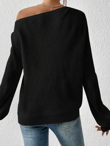 Image of SKAYS Womens Off The Shoulder Sweater Asymmetrical Neck Fall Ribbed Knit Long Sleeve Pullover Sweaters Lightweight Top