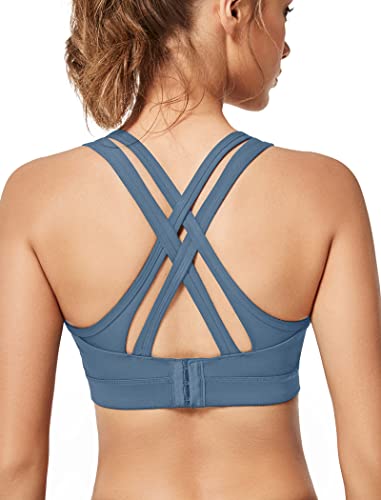 Image of Yvette Women High Impact Sports Bras Criss Cross Back Sexy Running Bra for Plus Size, Lake Blue, M(DF)