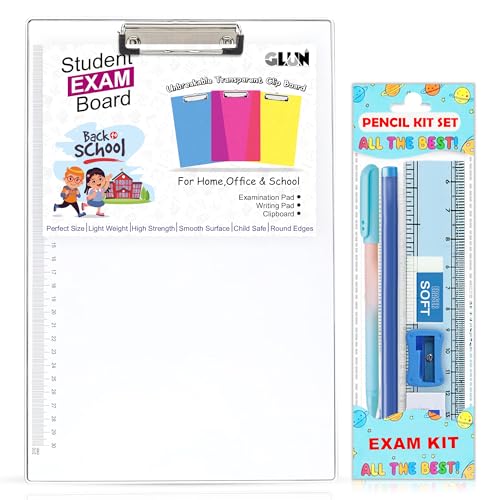 Image of GLUN Foggy Transparent Acrylic Exam Board with Ruler Marks, Exam Pad Clipboard, 14 x 10 Inches, Writing Board for Exams, School & Office Use
