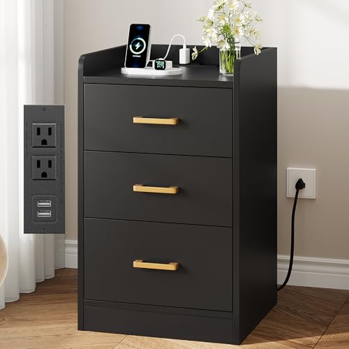 FOTOSOK Black Nightstand with Charging Station, 3 Drawer Nightstand with Gold Handles, Black Side Table for Bedroom, Modern Design End Side Table for Home, Office