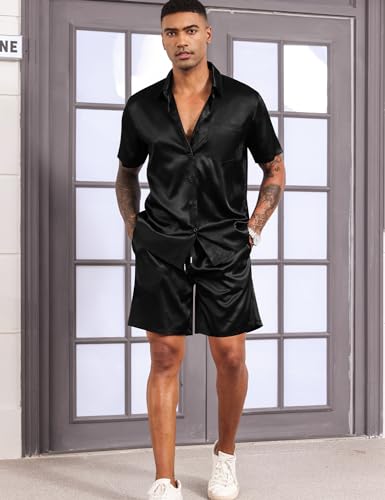 LecGee Men's Satin 2 Piece Outfits Lapel Shirt and Shorts Short Sleeve Button Down Tracksuit Luxury Set Prom Club Party2