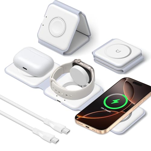 Cargador Inalambrico iPhone, 3 en 1 Plegable Base Cargador Carga Rapida para iPhone 16 15 14 13 12 Pro MAX, Magnético Carregador Sem Fios iPhone para Apple Watch 10/9/8/7/6/SE/5/4/3/AirPods