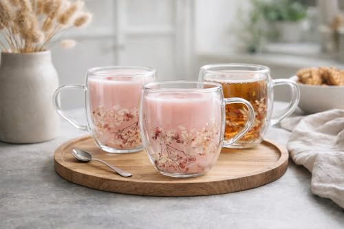 Image of IndusBay Double Wall Borosilicate Glass Mug with Faux Dried Flowers - Elegant Insulated Coffee /Tea Cup | Transparent Floral Design | 250ml | Ideal for Gifting, Home & Office, Boutique, 3 Pieces