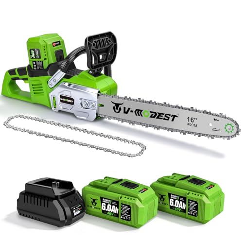 V-MODEST 40V Battery Chainsaw 16 Inch with 2×6.0Ah Batteries & Charger, Brushless Battery Powered Cordless Electric Chainsaw, Tool-Free Chain Tensioning, Auto Oiling for Yard Work & Tree Trimming