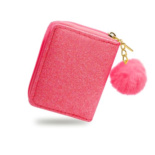 Womens Wallet, PU Leather Girls Wallet Small Wallet for Women, Compact Women's Wallets Card Wallet With Fur Ball for Shopping, Dating, Travelling, Working (rose)