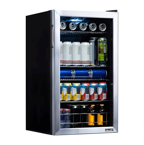 Image of NewAir Beverage Refrigerator with Glass Door | 126 Can Mini Fridge for Bedroom, Dorm, Office, or Gaming Setup | Soda, Beer, and Wine Cooler