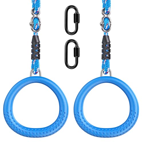 Dolibest Turnringe 2er Runde Schaukelringe Trapezring Kunststoff Fitness Gymnastik Ringe Kletterringe mit 72-102cm Verstellbarem Seil for Outdoor Spielplatz Hindernisparcours Klettergerüst Blau