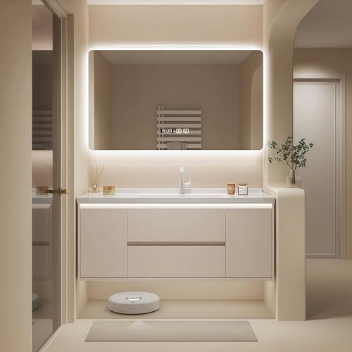 Modern Wall Mounted Floating Bathroom Vanity with Integrated Ceramic Sink, No Assembly Required, Hanging LED Intelligent Lighted Sensor and Demisting Mirror, Cabinet Spaces