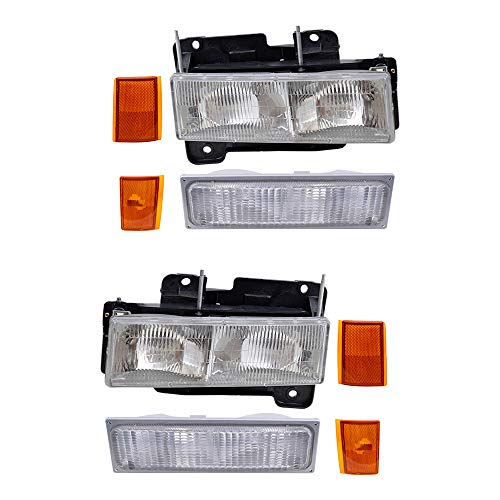 Brock Replacement Halogen Composite Headlights, Park Signal Marker Light Units, Upper Side Marker Reflectors & Lower Side Marker Light Units 8 Piece Set Compatible With 1990-1993 C/K Trucks #TOP7
