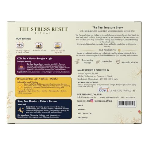 Image of TeaTreasure Stress Reset Ritual Kit - CCF+, Stress Relief & Sleep Herbal Tea Combo | Ayurvedic Blend for Digestion, Anxiety Relief, Focus & Better Sleep | Caffeine-Free