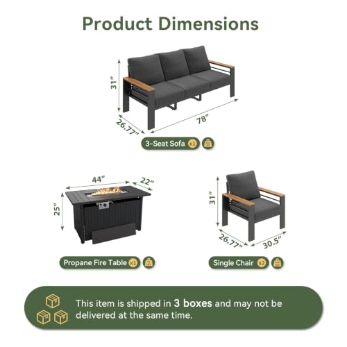 Image of Aoxun Patio Furniture Set, Aluminum Patio Set with Fire Pit Table and 5 inch Thicken & Washable Cushion, Waterproof Outdoor Furniture, Outdoor Couch Sectional for Backyard (5 Seats /F, Dark Grey)