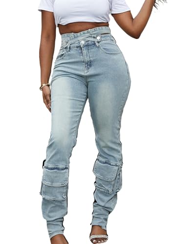 Vaceky Women's Stretch Jeans with Removable Cross Strap Cutout Waist Distressed Cargo Pants
