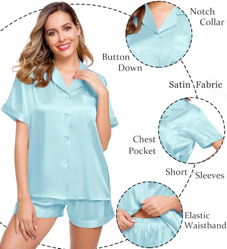 Image of LecGee Womens Silk Satin Pajamas Set Button Down Short Sleeve Pj Sets 2 Pcs Loungewear XS-XXL, Light Blue X-Small