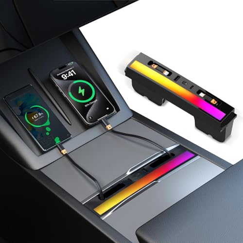 NOVCAPAR Center Console USB Hub for Tesla Model Y Juniper 20252026 & Tesla Model 3 Highland 2024-2025 108W Fast Charging Retractable Type-C & Lightning Cables Built-in RGB Ambient Light
