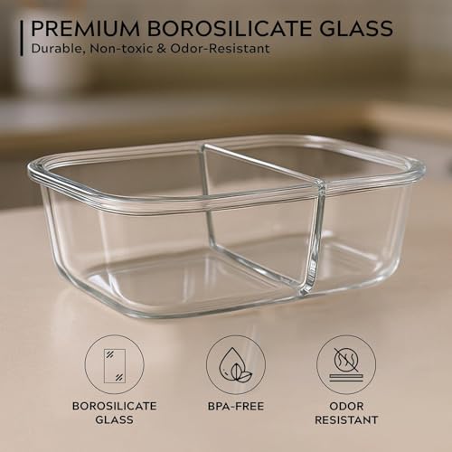 Image of Home Puff Borosilicate Glass Lunch Box 965ml with 2 Compartments & Lunch Bag | Airtight BPA-Free Leak-Proof Lid| Microwave, Freezer & Dishwasher Safe Glass Bento Tiffin Box for Office, College, School
