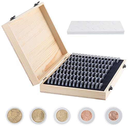 HonGien 100 Pièces Boîte de Rangement en Bois pour Pièces de Monnaie Boîte de Rangement pour Pièces de Monnaie étui de Collection Commémorative, 18mm/20mm/23mm/25mm/27mm/30mm