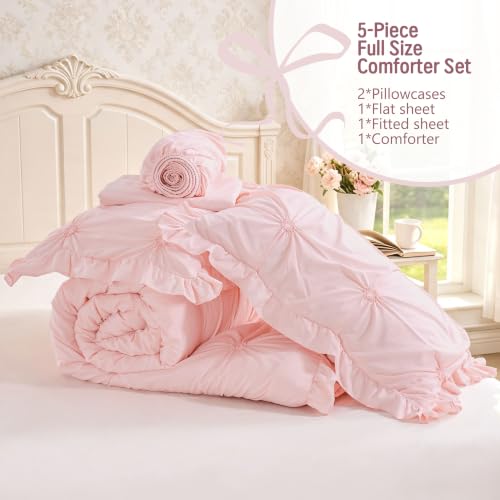 Image of Full Size Comforter Sets for Girls, 5 Pieces Bed in A Bag Full Size Bedding Sets with Ruffles Jacquard Embroidery Comforter, Fitted Sheet, Flat Sheet and 2 Pillowcases, Pink