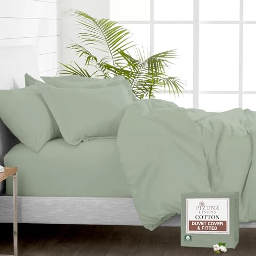Pizuna Pure 100% Cotton King Size Duvet Cover Sets with Fitted Sheets Seafoam Sage