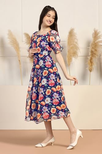 Image of Fashion Dream Girl's Organza Floral Printed Calf Length Dress|Western Dress|Kids Dress|Fancy Dress