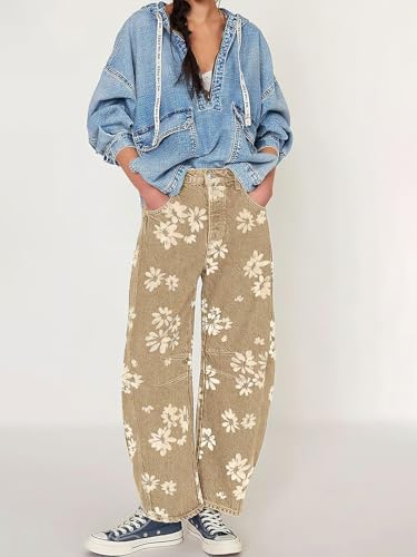 ebossy Women's Retro Floral Print Barrel Jeans Mid Rise Wide Leg Baggy Boyfriend Horseshoe Denim Pants4
