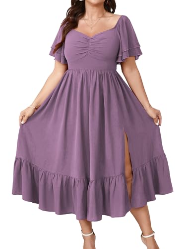 Image of SCOMCHIC Womens Plus Size Wedding Guest Cocktail Dresses Sweetheart Neckline Short Sleeve Smocked Ruffle Slit Maxi Dress