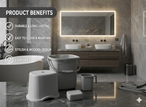 Image of MODWARE Bathroom Set, Pack of 4, Bucket, Mug, Soap Case, Stool, 20L, Polypropylene (Grey)