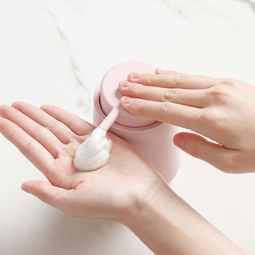 Image of YAUKPH Matte Light Pink Foaming Hand Soap Dispenser Plastic 11 oz - Modern Minimalist Style for Bathroom & Kitchen Countertop Refillable