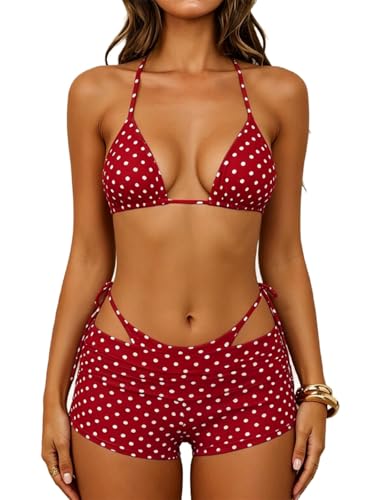 VnimVinter Women 3 Pieces Bikini Set Halter Triangle String Cheeky Polka Dot Bathing Suit with Boyshorts Cover Up (Red Polka Dot, L)
