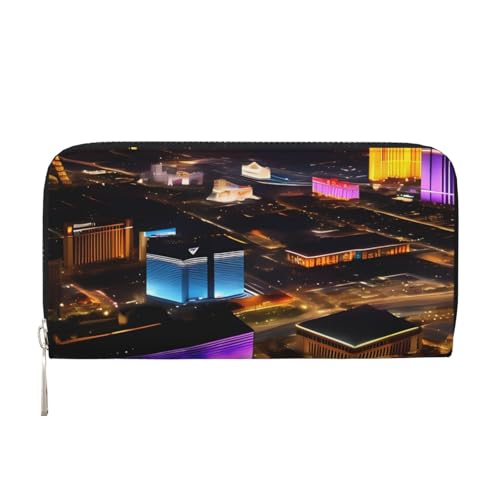 Pu Leather Wallet For Women Girl, Zip Around Credit Card Holder Las Vegas Night View Long Wallet Clutch Purse Waterproof Travel Handbag