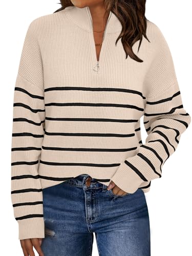 LILLUSORY Women's Quarter Zip Striped Oversized Sweater 2026 Mock Turtleneck Fall Fashion Outfit Apricot-Black M