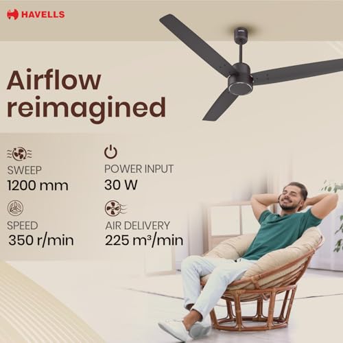 Image of Havells FAB BLDC Ceiling Fan 1200mm, 380 RPM, Savings upto 65%, Reverse Rotation, 4 Modes (Boost, Sleep, Breeze, Mop), Low Wattage 30W, Low Noise, Air Flow:225 CMM, 3 Year Warranty, Smoke Brown
