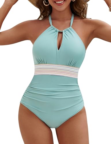 Blooming Jelly Womens One Piece Swimsuit Full Coverage Tummy Control Bathing Suits Color Block Halter Swim Suits