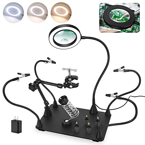 Magnetic Helping Hands Soldering Third Hand, helping hands tool with 3X & 6X LED Magnifying Lamp, 360 Hot Air Gun Holder Extra Large & Heavy Duty Base Plate | Flexible Arms PCB Holder for Soldering Magnetic Helping Hands Soldering Third Hand, helping hands tool with 3X & 6X LED Magnifying Lamp, 360 Hot Air Gun Holder Extra Large & Heavy Duty Base Plate | Flexible Arms PCB Holder for Soldering