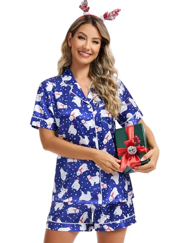 Image of SWOMOG Womens Silk Satin Pajamas Set Short Sleeve Sleepwear Button Down Top and Shorts Loungewear 2 Piece Pjs Set XS-3XL