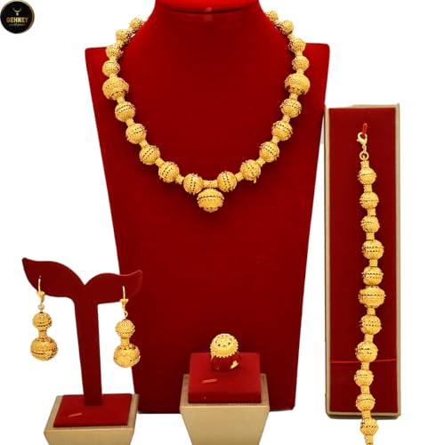Image of GEHNEY joy of jewels 24k Gold Plated Choker Jewellery Set for Women - Earrings Ring & Bracelet Gold Necklace Set for Women Stylish - Bridal Necklaces for Women Golden with Cubic Zirconia CZ Stones