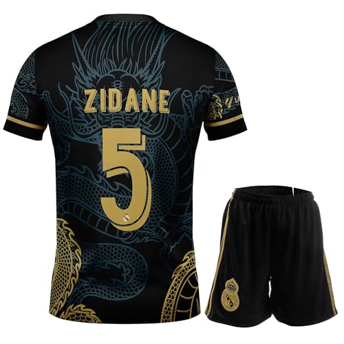 Pitch and Trek Madrid Zidane Black Dragon Kids Soccer Jersey Shirts Football Futbol Socks Gift Set Youth Sizes(10-11 Years,Black,164)