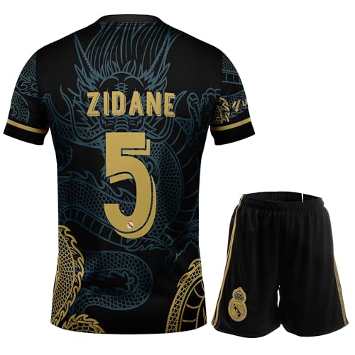 NIHMEX Madrid Legende Zidane #5 Retro Black Dragon Limitierte Sonderedition Seltenes Fußball Kinder Trikot Shorts Set Jugendgrößen (Schwarz,140)