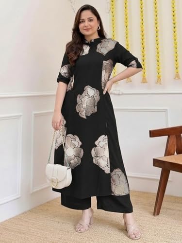 Image of ANNI Designer Women Viscose Blend Straight Fit Printed Kurta Palazzo Set | Mandarin Neck Outfit | Lightweight Breathable Fabric | Comfortable Elegant Styling for Office Casual Wear