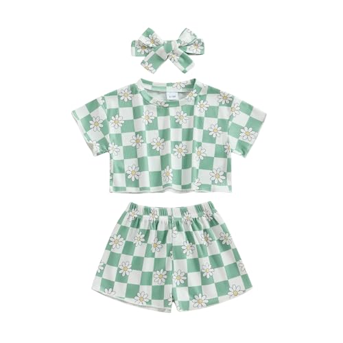 Image of Toddler Girl Clothes Baby Girls Outfits Summer Floral Checkerboard Print Shirt+Shorts+Headband 3pcs Baby Clothing