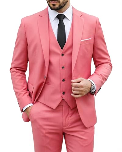 Image of MY'S Men's 3 Piece Suit Set with Tie, One Button Slim Fit Solid Jacket Vest Pants, Prom Party Wedding Business Suits for Men