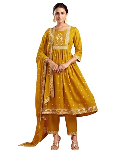 Image of SKYLEE Women's Printed & Gota Lace Cotton Silk Anarkali Kurta Set with Dupatta