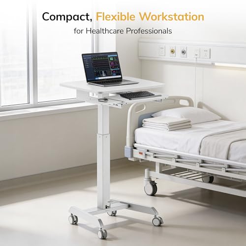 Image of Mount-It! Height Adjustable Rolling Laptop Desk with Keyboard Tray, Mobile Sit-Stand Computer Cart with Wheels, Small Standing Desk for Home, Office, or Classroom, 23.6 inch x 20.5 inch, White