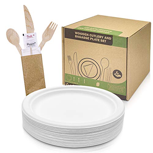 BAMBOO N BEYOND Individually Wrapped Utensils-Compostable Utensils Plate Fork Spoon Knife Napkin Salt Pepper Toothpick Disposable cutlery from wooden sources Biodegradable package Serves 40 guests