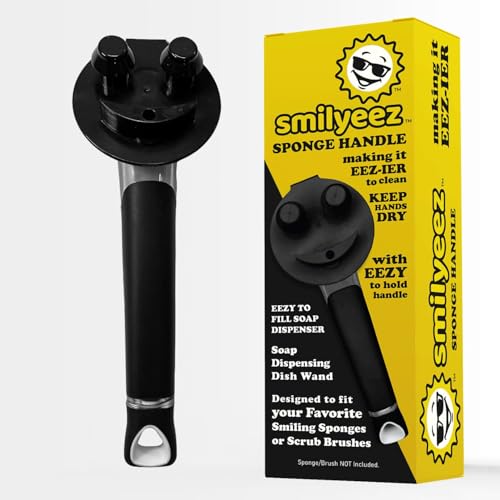 Image of The Original Smiling Handle with Soap Dispensing for the Smiling Sponge with Smilyeez Caddy, Dishwand with Sponges, and 2 Scrub Mojis (Black)