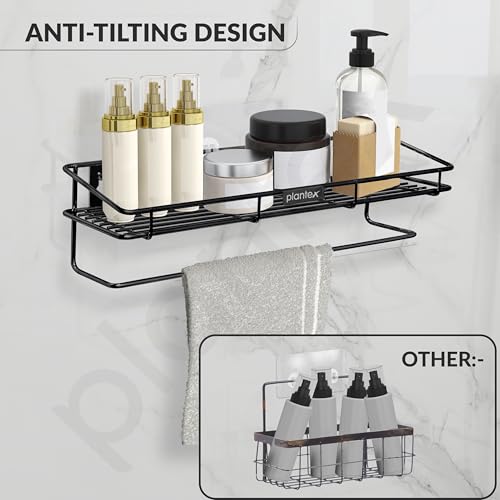 Image of Plantex Bathroom Organizer Without Drill /GI Steel Multipurpose Bathroom Shelf /Wall Mounted Storage Rack /Towel Holder /Self Adhesive Bathroom Shelf- Wall Mount (Black)